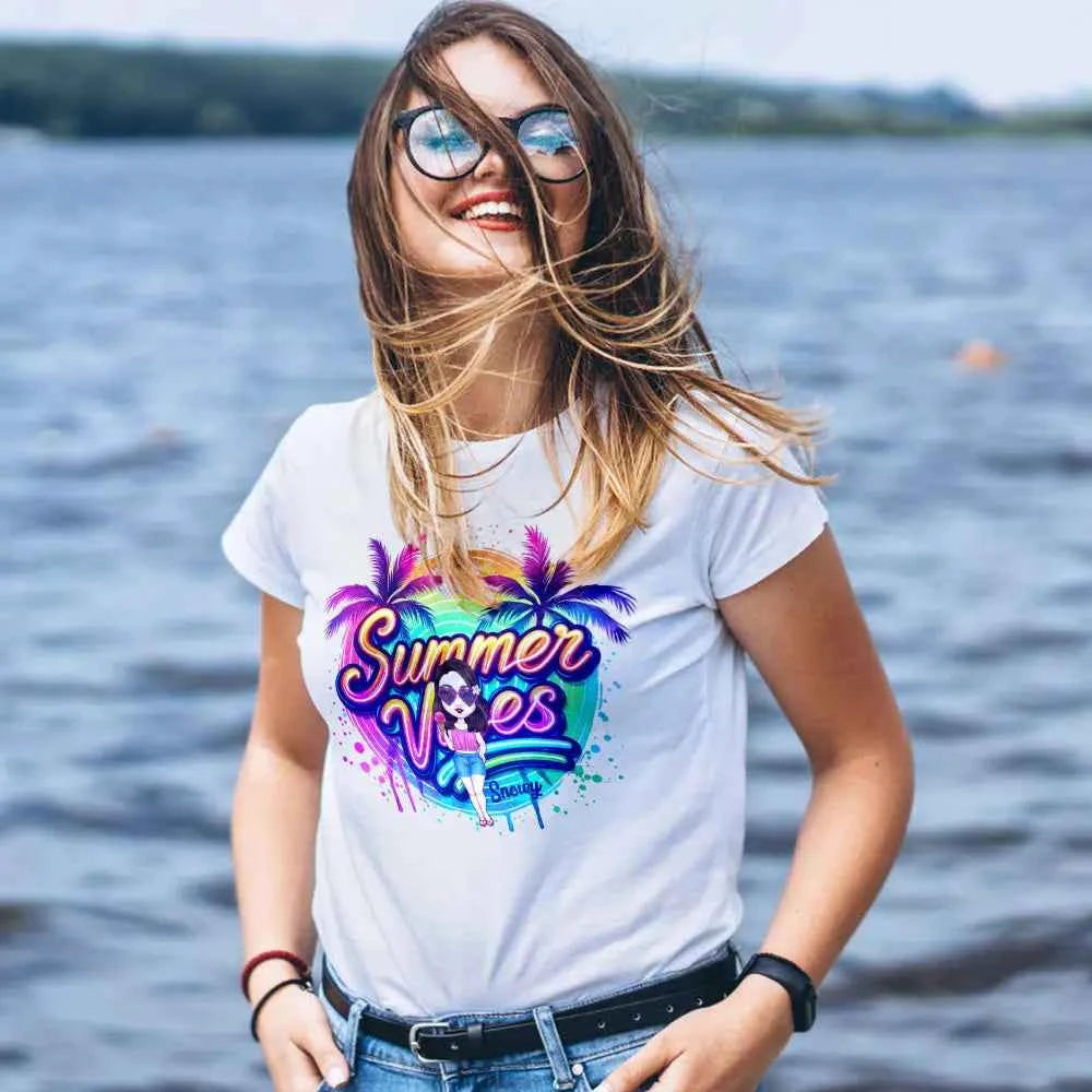 Personalized Cartoon Summer Vibes T-shirt with Name T-shirt Holiday Gift for Her