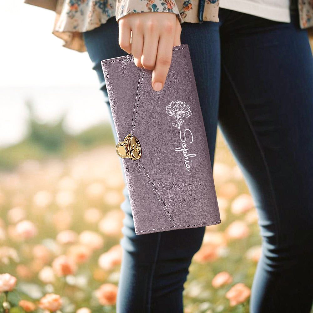 Personalised Birth Flower PU Leather Wallet with Name - Custom Birthday Gift for Her
