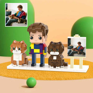 Custom Full-Body Brick Figures of 1 Person and 2 Cats with Frame Personalized Anniversary Gift Birthday Gift