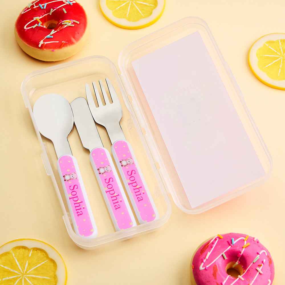 Personalized Kid’s Cutlery Set Cartoon Animal Fork Spoon Knife 3 Pcs Birthday Gift for Kids