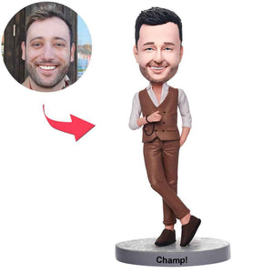 Custom Brown Suit Man Bobbleheads With Engraved Text