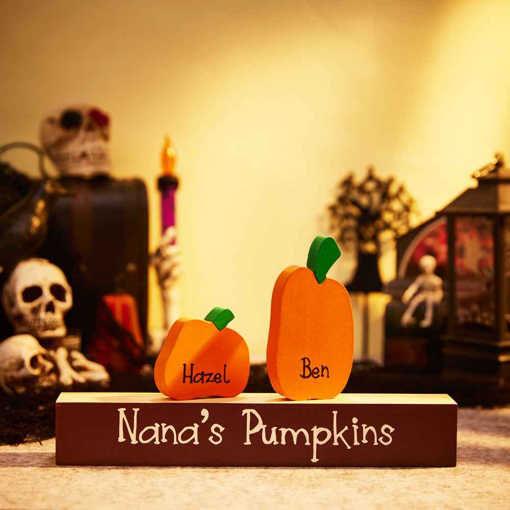 Custom Name Pumpkin Ornaments with Wooden Base – Personalized Halloween Gift