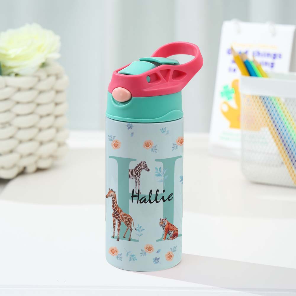 Personalised 12oz Stainless Steel Water Bottle with Straw | Kids Jungle Animal Design | Custom Name Gift