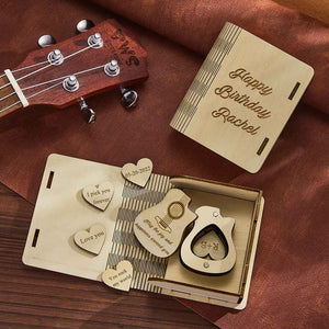 Custom Heart Guitar Picks with Guitar Shaped Box Personalized Wooden Box Valentine's Day Gifts