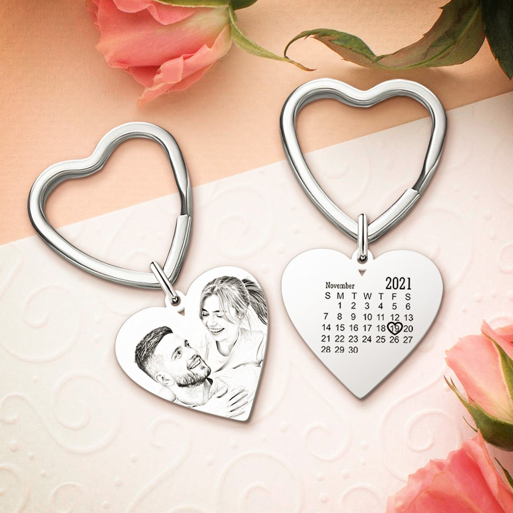 Personalised Photo Calendar Keychain - Heart Engraved Memorial Gift for Wedding & Anniversary