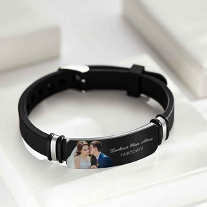 Custom Men's Photo Engraved Bracelet Wedding Gift For Anniversary Newly Married Couple Personalized Bracelet Black Filter