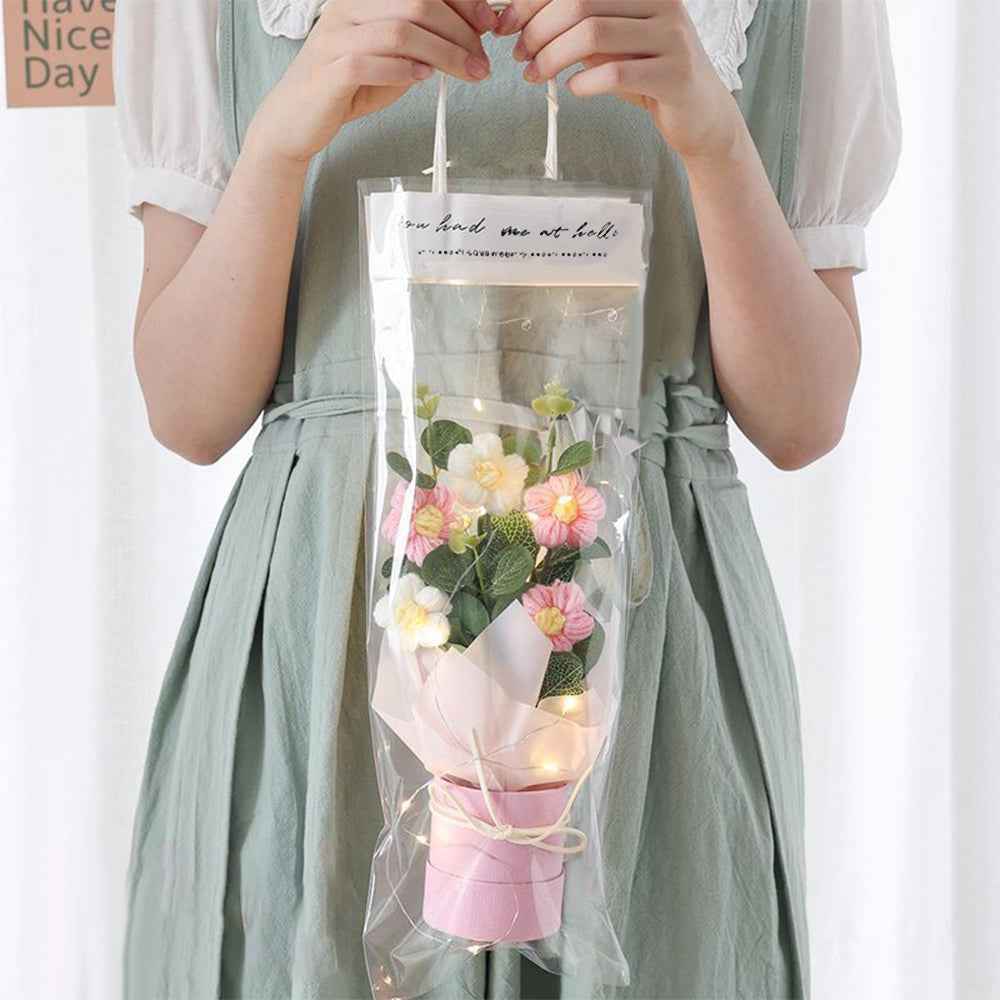 Crochet Flowers Bouquet Handmade Knitted Bouquet with Light Strip Birthday Gift for Lovers Wedding Gift