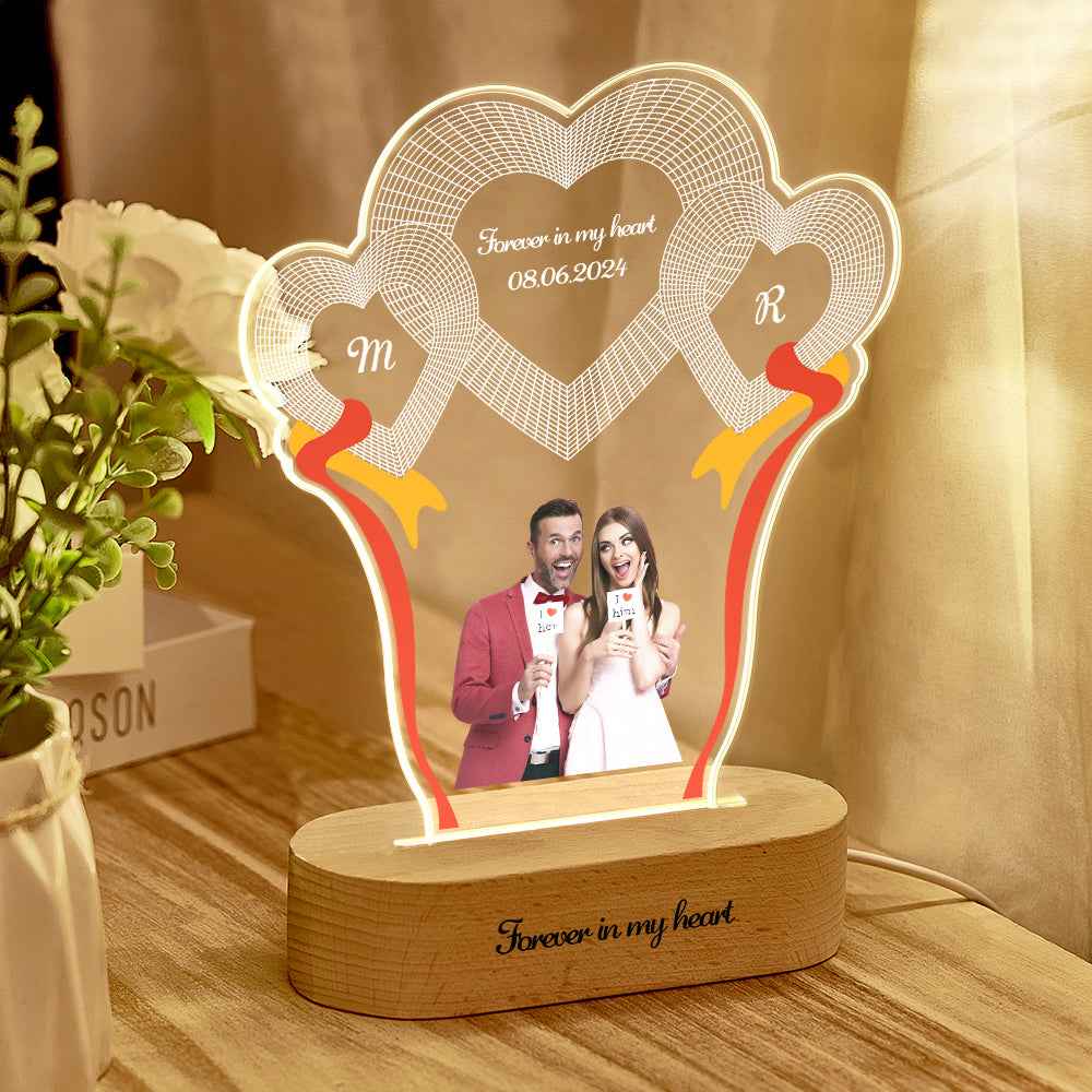 Custom Photo Engraved 3-Heart Night Lights Desk Decoration