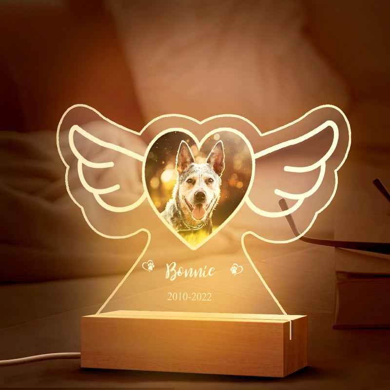 Personalized Pet Photo Lamp Custom Name Angel Wings Night Light