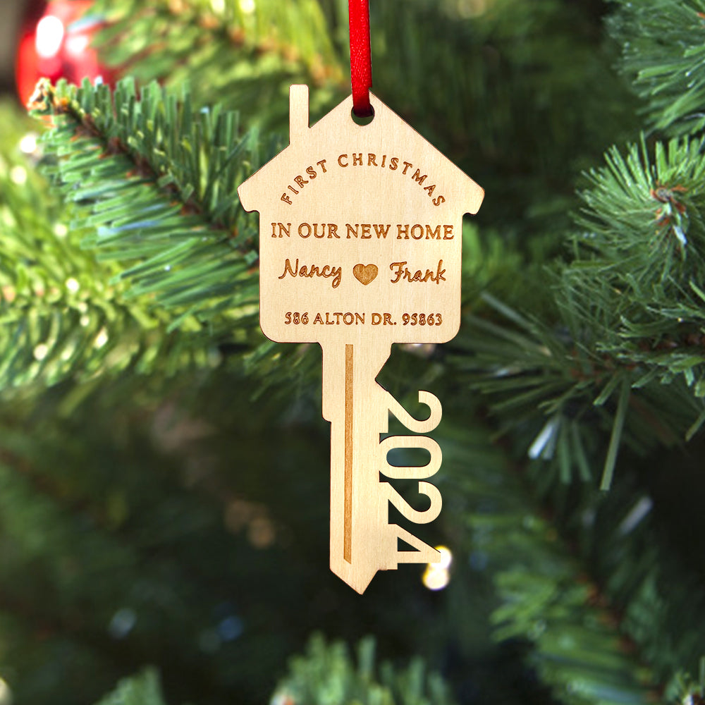 Personalised First Christmas in Our New Home Ornament - Wooden Key Decoration Gift for Couples