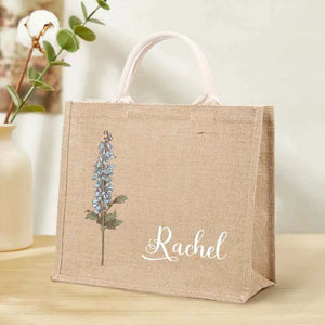 Personalized Birth Flower Grandma's Garden Beach Jute Tote Bag with Name Birthday Wedding Party Gifts for Her