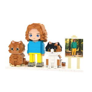 Custom Full-Body Cute Brick Figures of 1 Person and 2 Cats with Frame Personalized Anniversary Gift Birthday Gift