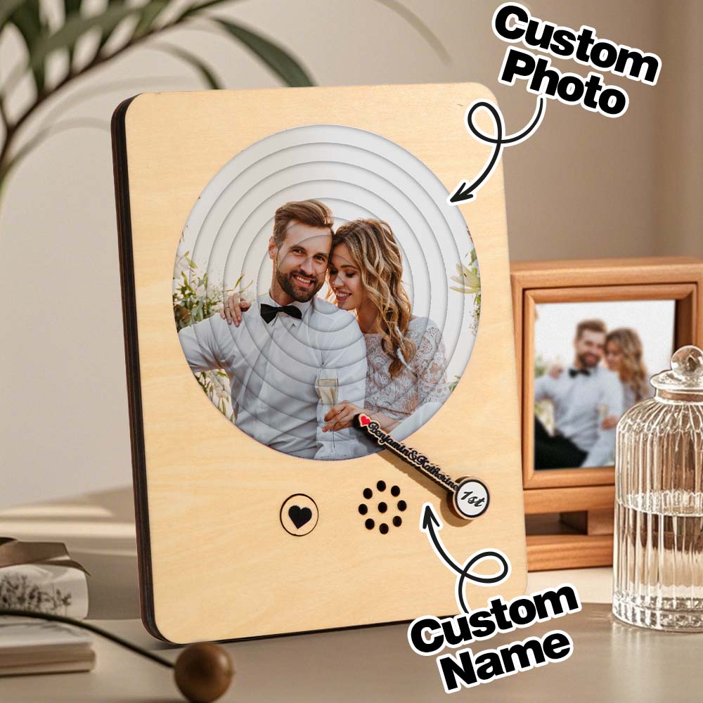 Personalised Wooden Photo Album Music Record Player - Unique Anniversary Gift for Couples