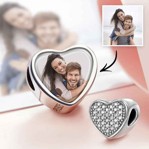 Custom Heart Photo Charm Personalized Picture Bead with Pave CZ