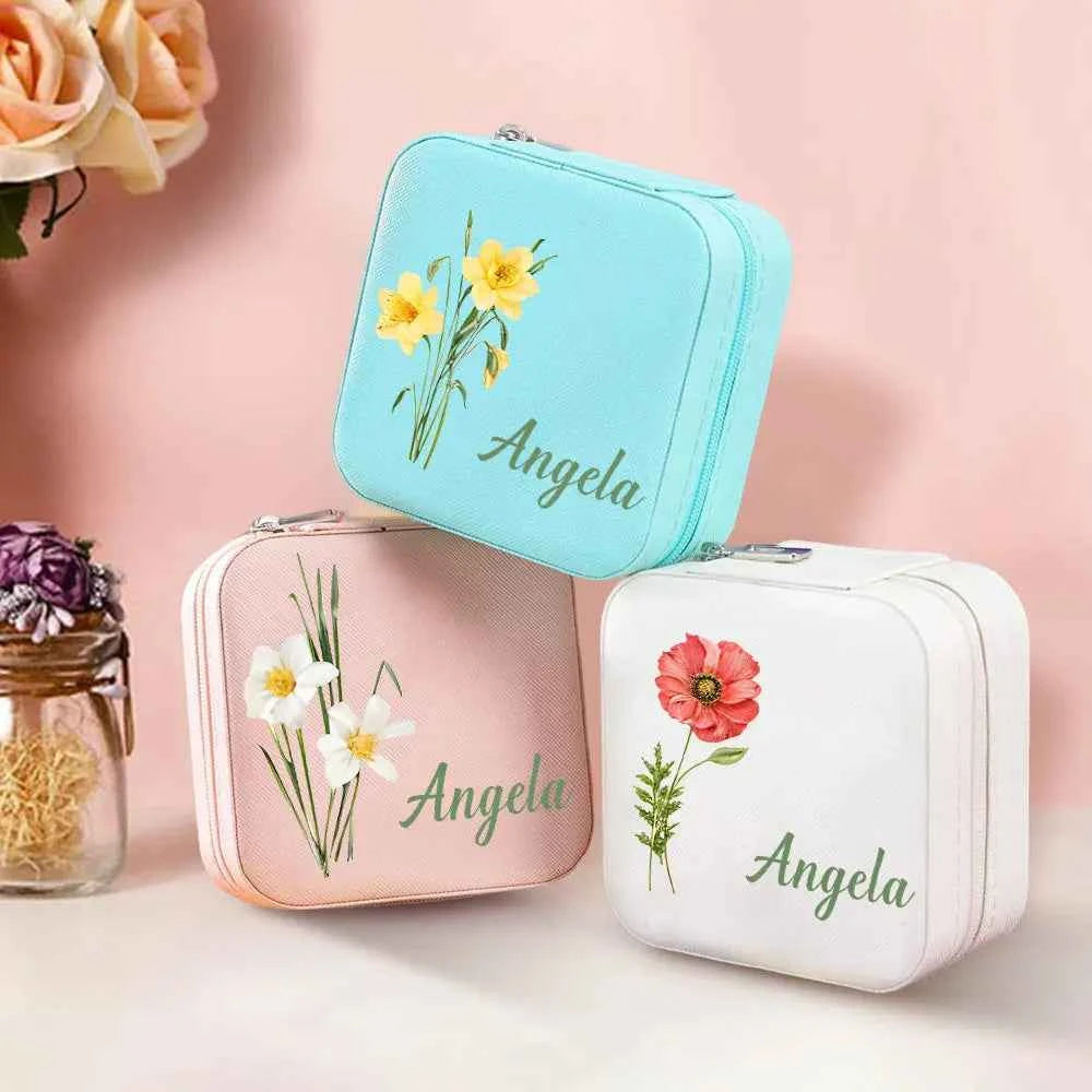 Personalized Name PU Leather Jewelry Box Birthflower Jewelry Organizer Gifts for Her Wedding Gift