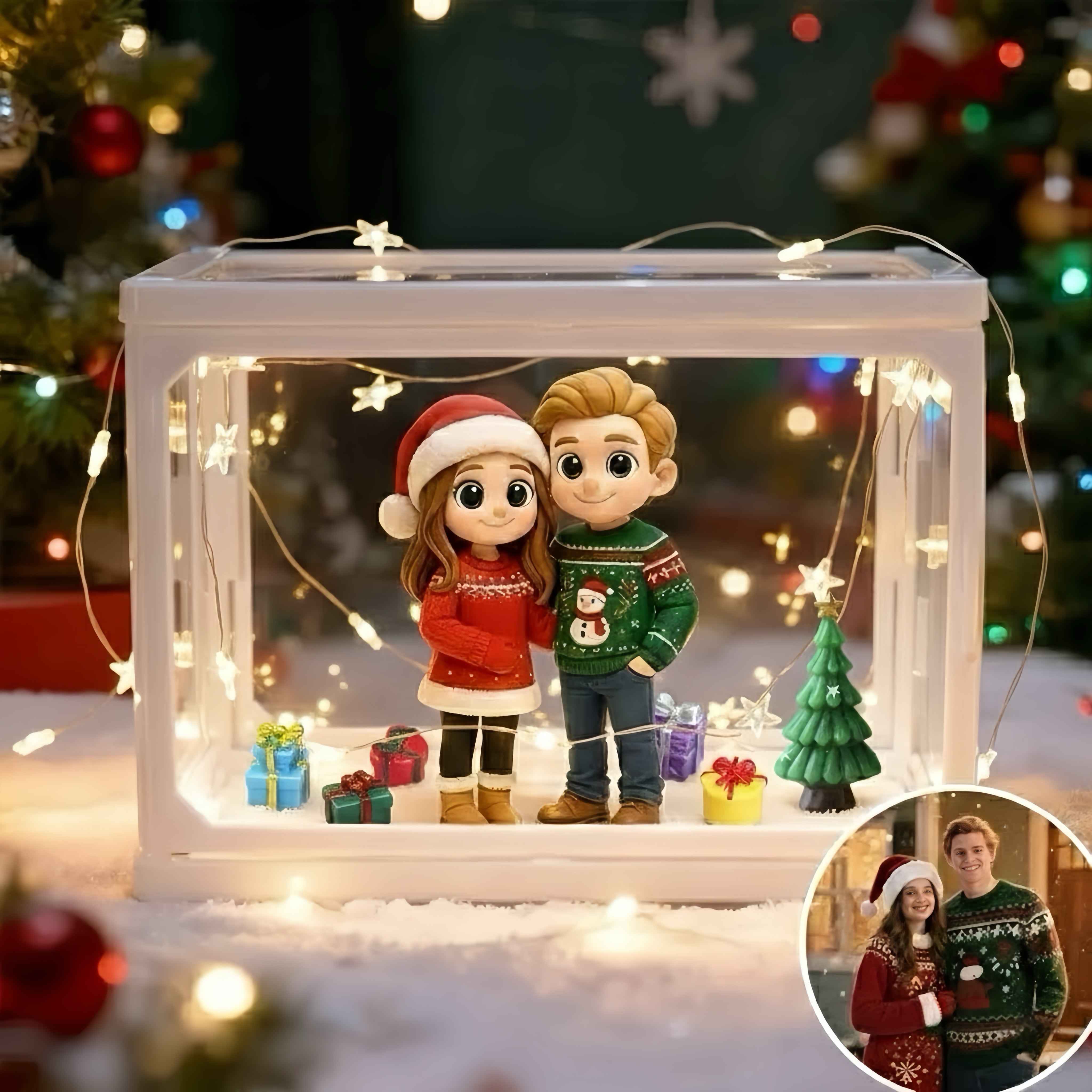 Christmas-themed 3D mini figurines of boys and girls, with wooden frames, custom orders available based on your provided images.
