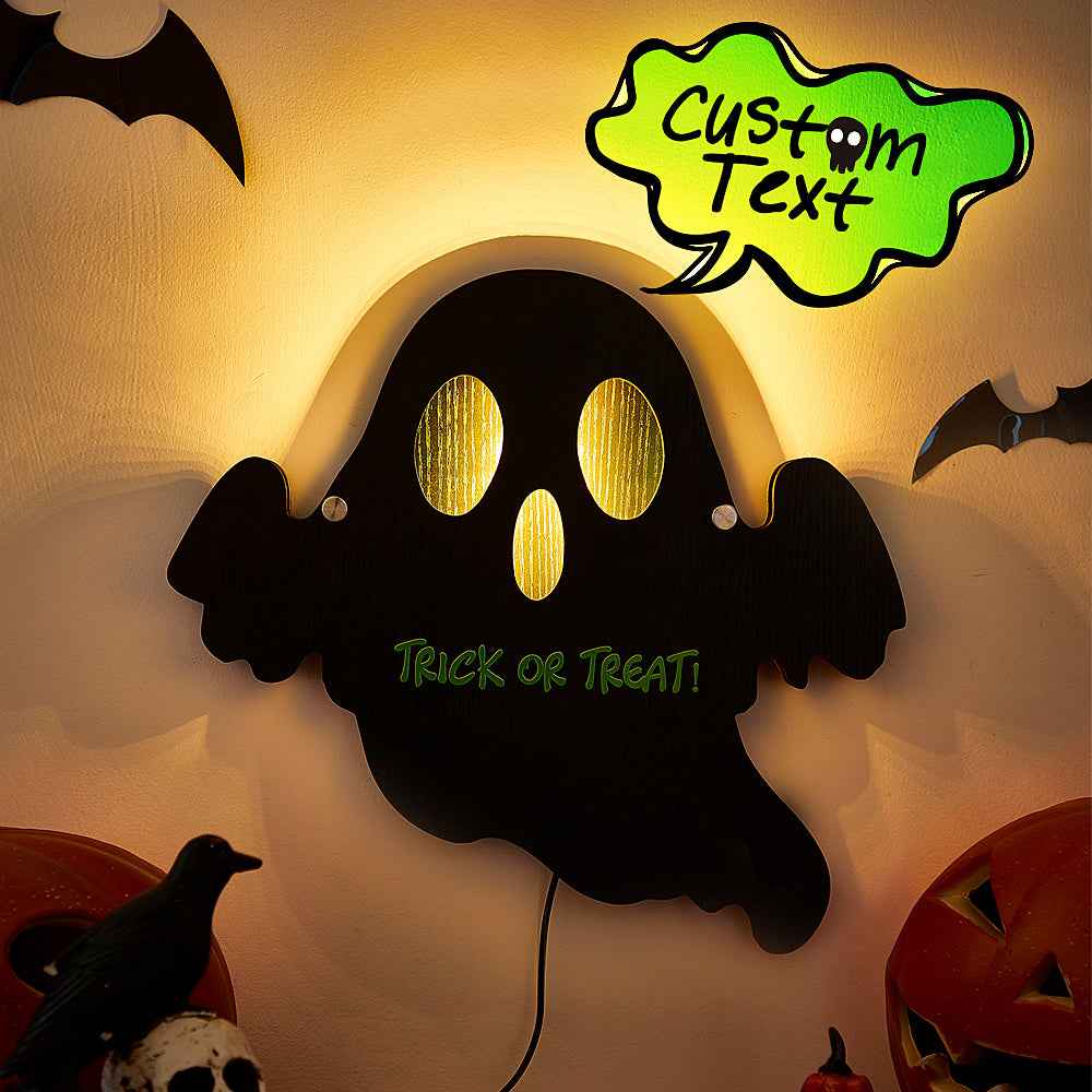 A ghost-shaped night light with customizable text.