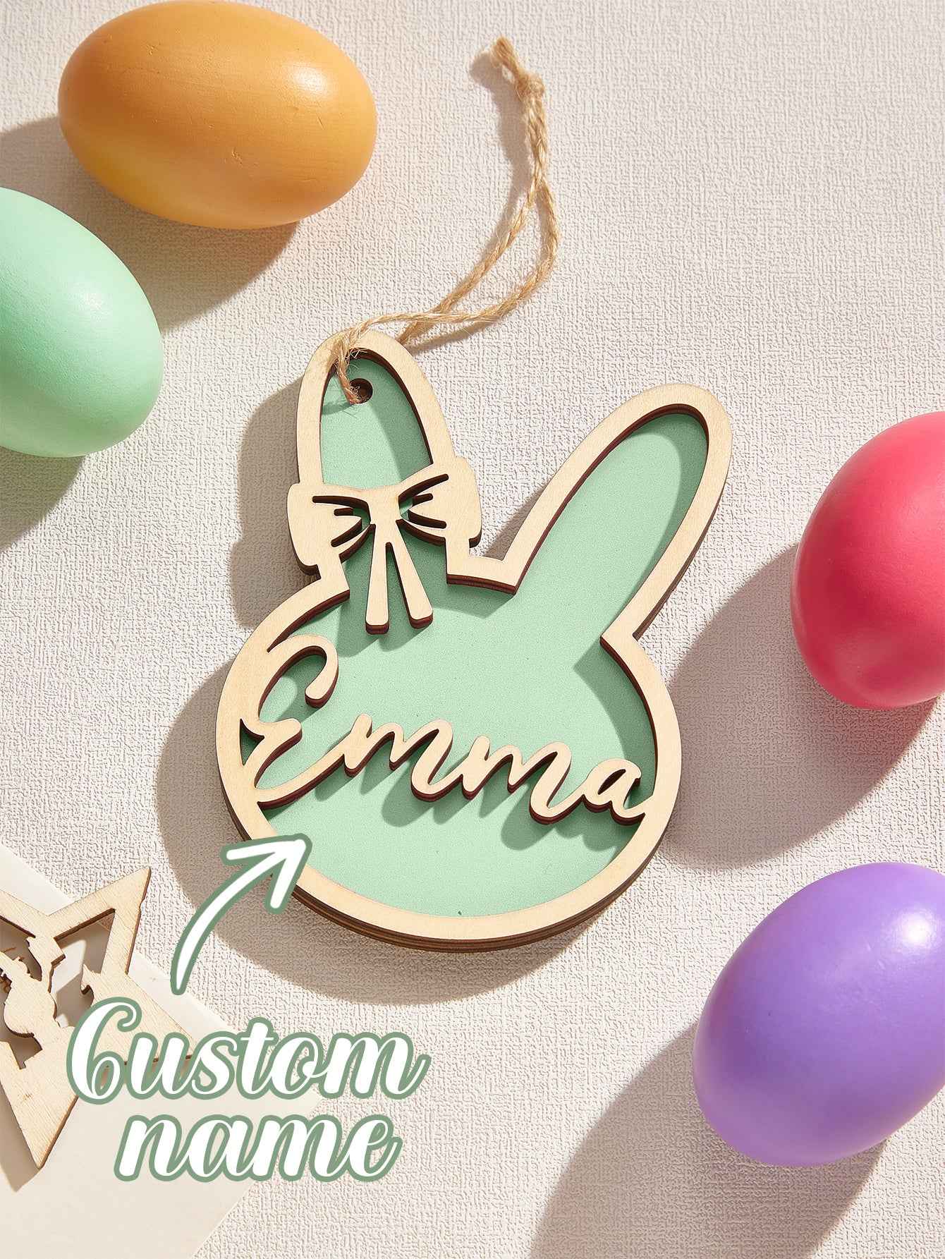 Customizable rabbit-shaped decorative hanging ornaments with personalized names.