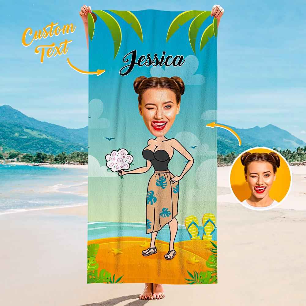 Custom beach blanket printed with a girl's photo.