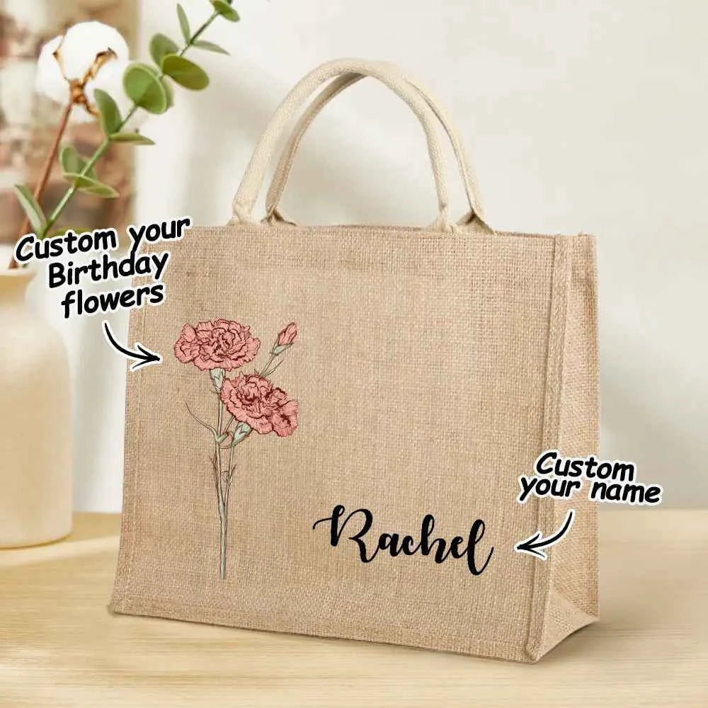 Personalized Birth Flower Grandma's Garden Beach Jute Tote Bag with Name Birthday Wedding Party Gifts for Her