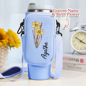 Personalized Birth Flower Waterproof Bottle Carrier Bag with Removable Pouch for 40oz Stanley Tumbler Gift for Women