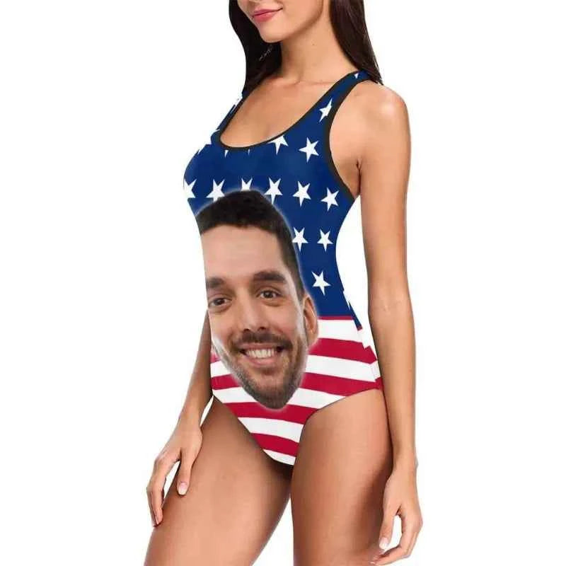 Custom American Flag Swimsuit With Boyfriend Face Women Swimsuit Face Bathing Suit