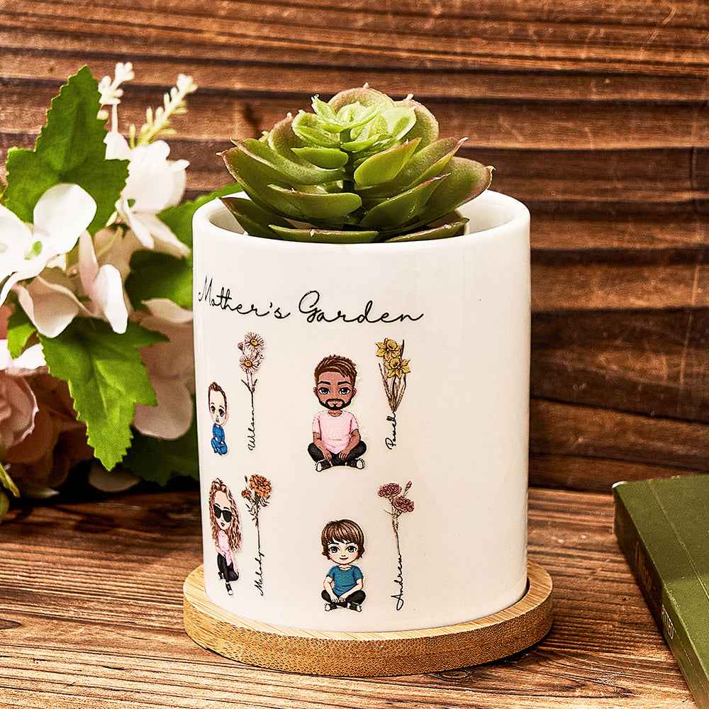 Personalized Cartoon Figure Birth Flower Ceramic Plant Pot Gift for Grandma Mom