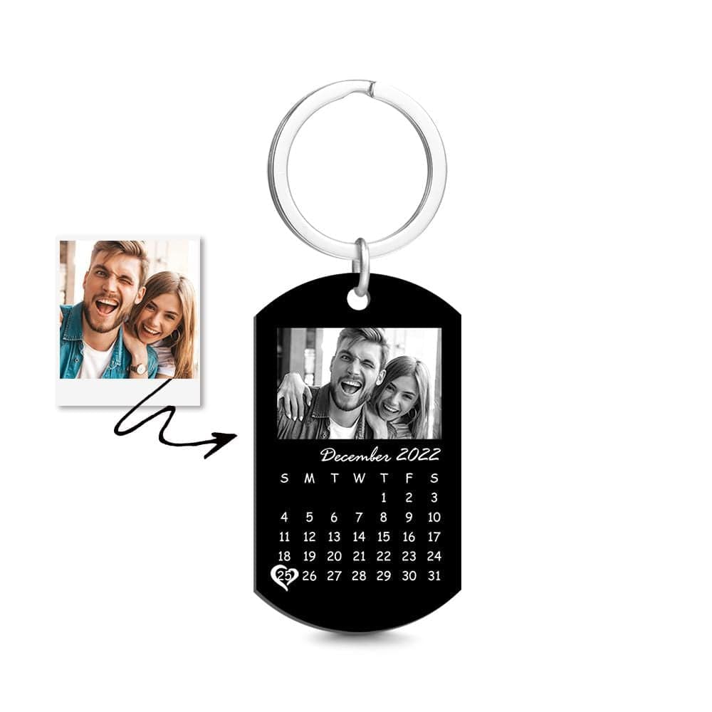 Custom Black Filter Photo Calendar Keychain - Personalised Anniversary Gift For Loved Ones