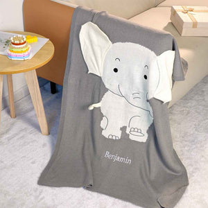 Personalized Baby Blanket Knitting Blanket Grey Elephant with Name Gift for Baby