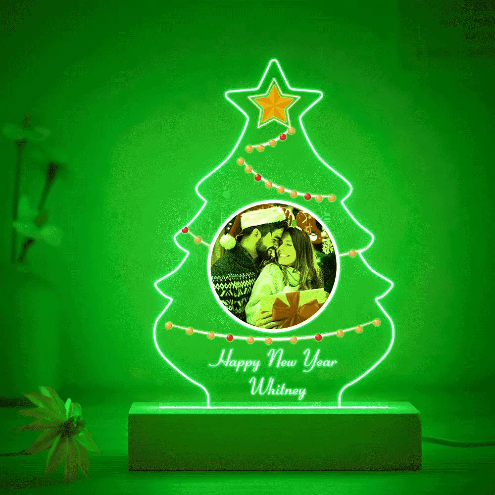 Custom Engraved Christmas Family Tree Photo 3D Night Light - Personalised Acrylic Lamp with 7 Colour Options