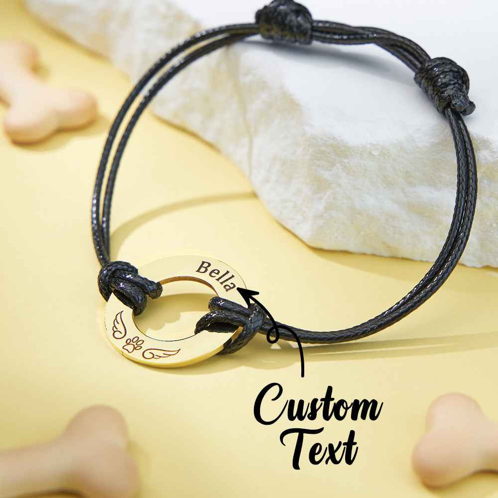 Personalized Engraved Angel Wings Pet Paw Print PU Leather Rope Bracelet Memorial Gift for Pet Lovers