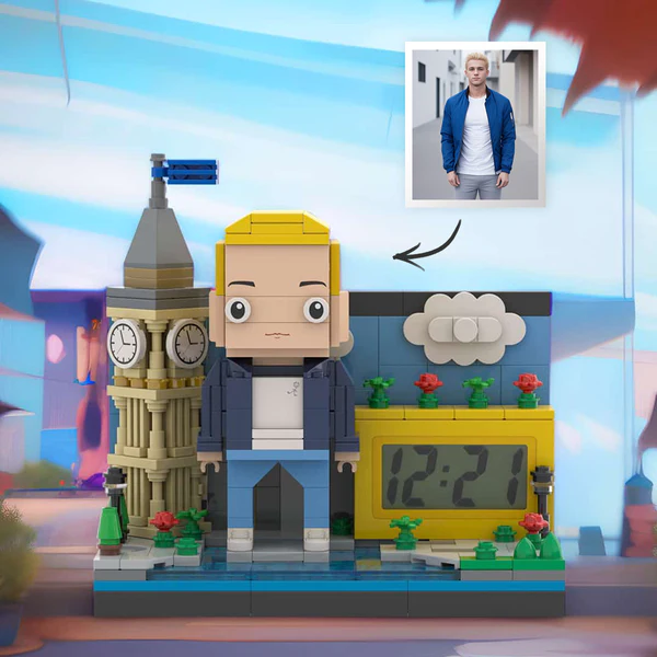 Personalised Brick Figure Clock - Custom Christmas Gift with Mini City Scene