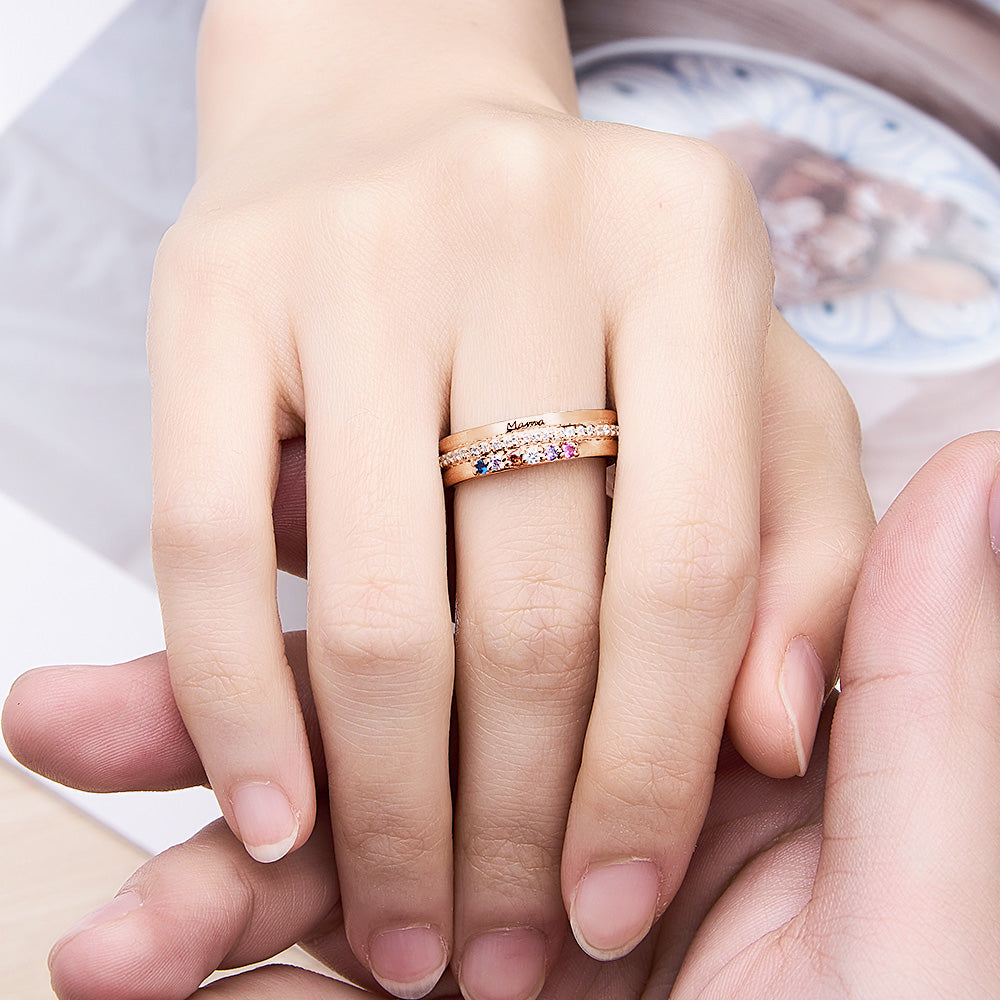 Personalised Birthstone Ring with Engraved Text - Custom Name Jewellery Gift for Women