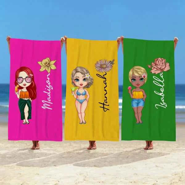 Custom Cartoon Women Girl Birth Flower Multicolor Beach Towel Personalized Name Vacation Beach Towel Gift for Friend