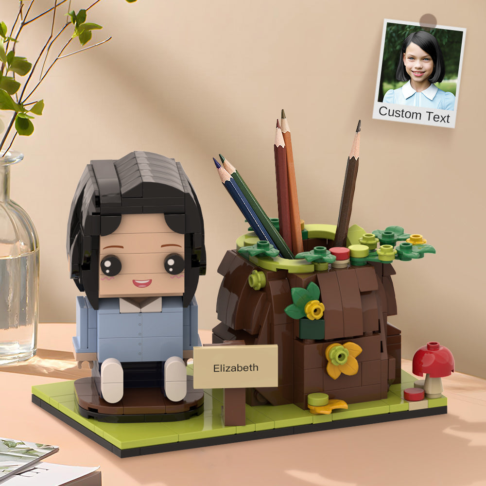 Personalised Brick Figure & Tree Stump Pen Holder | Custom Lego-Style Desk Organiser