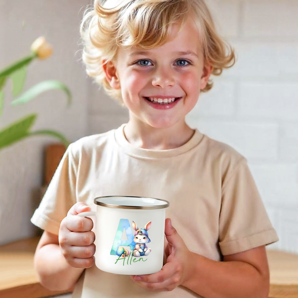 Personalised Easter Bunny Enamel Mug with Name - 12oz Gradient Initial Cup Gift for Kids