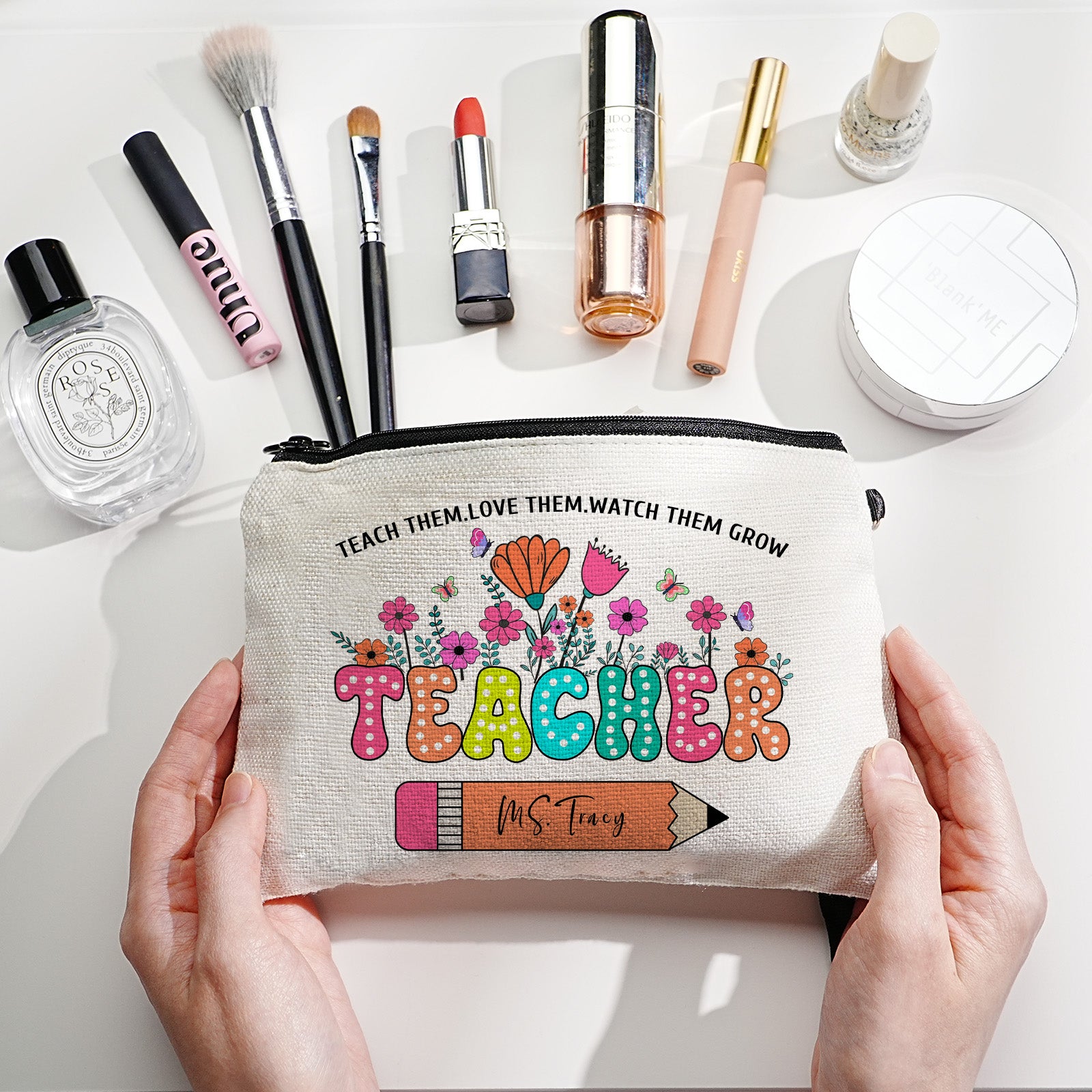 Personalised Flower Pencil Canvas Makeup Bag with Name | Teacher Appreciation Gift