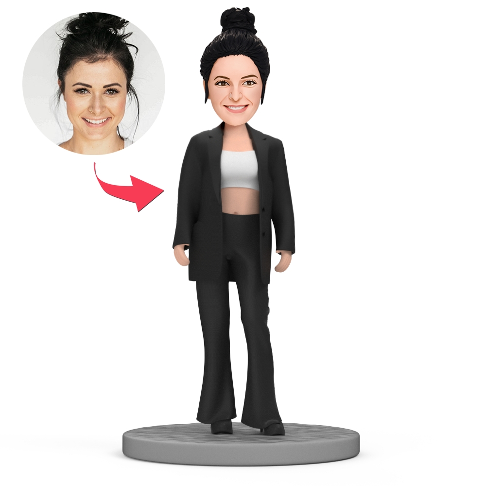 Custom Black Oversize Suit Bobblehead - Modern Girl Personalised Figurine