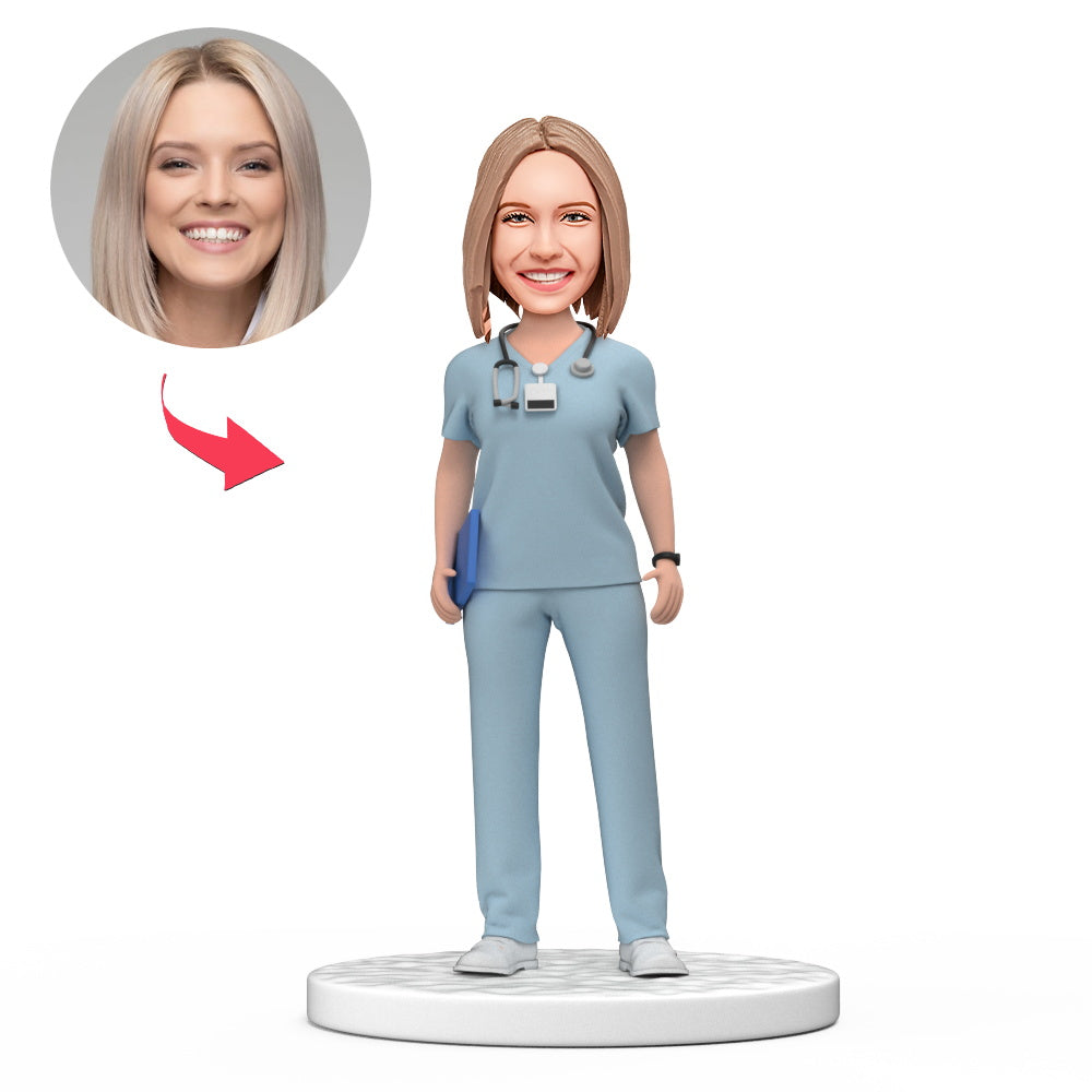 Custom Female Doctor Bobblehead - Light Blue Scrubs with Engraved Text | National Doctor's Day Gift