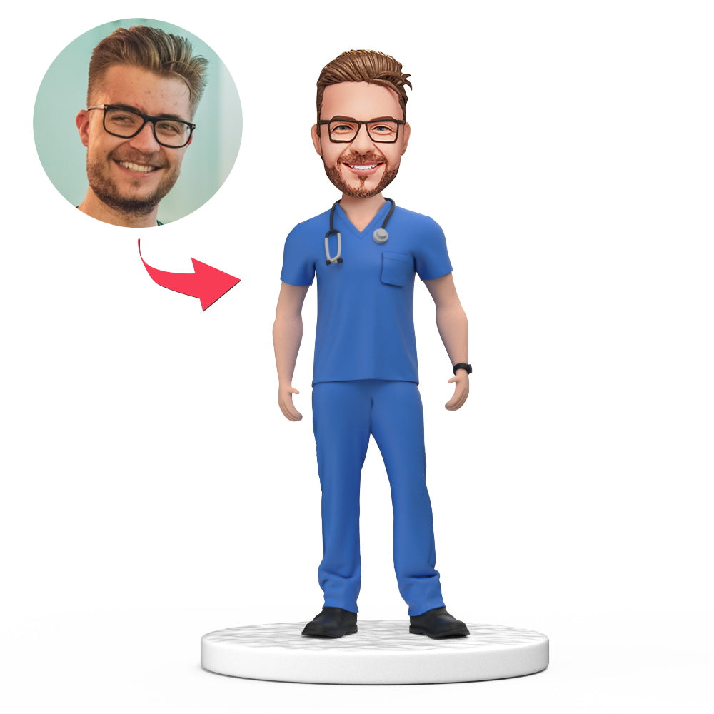 Custom Doctor Bobblehead | Personalised Blue Scrubs Figurine | National Doctor's Day Gift