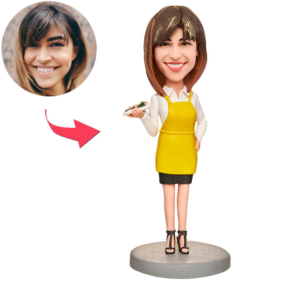Personalised Woman Holding Food Bobblehead with Engraved Text - Unique Custom Gift