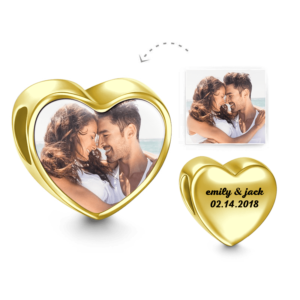 Personalised Engraved Heart Photo Charm in 14k Gold Plated Silver
