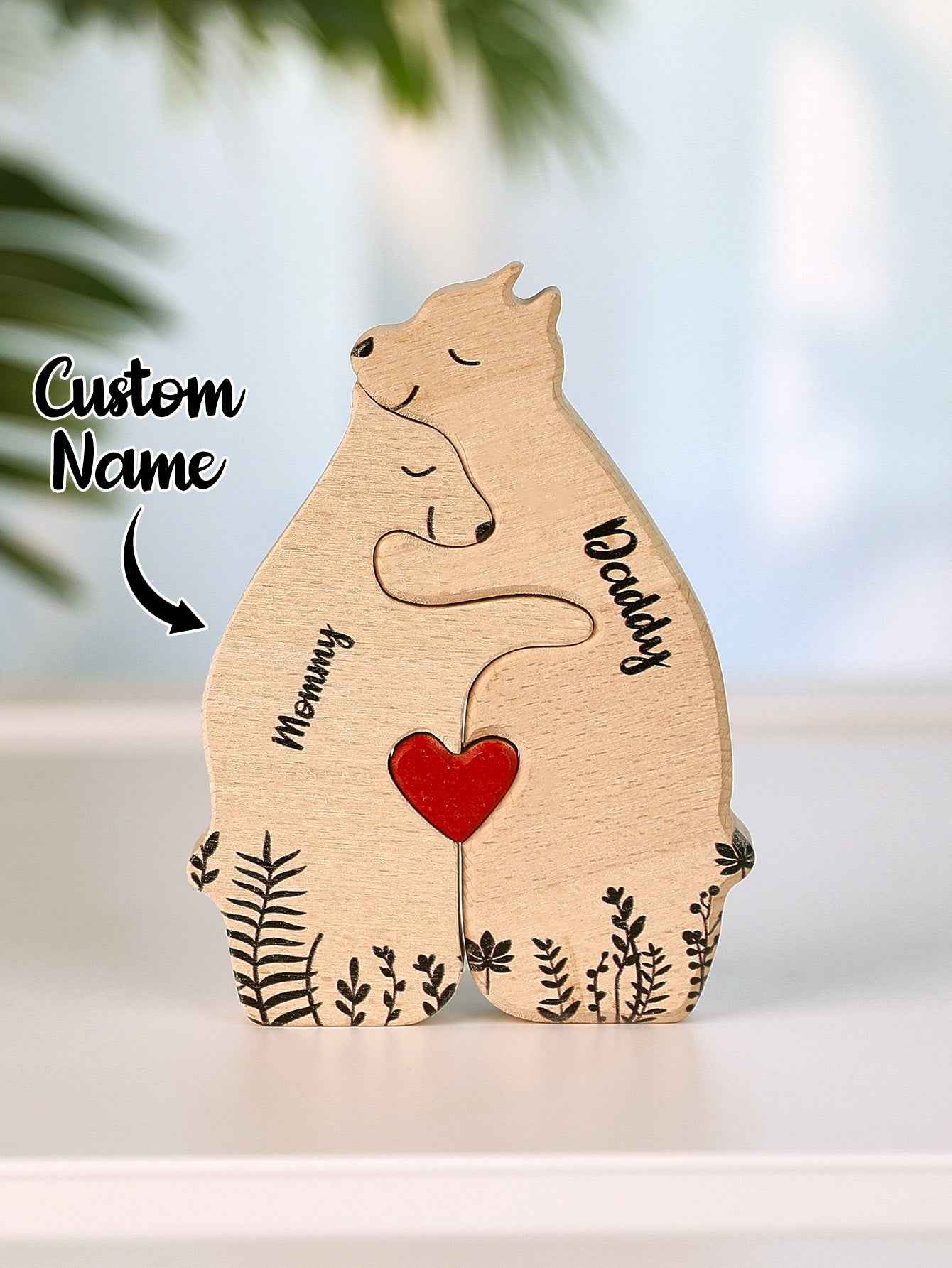Custom Name Wooden Heart Bear Puzzle – Personalized Family Gift