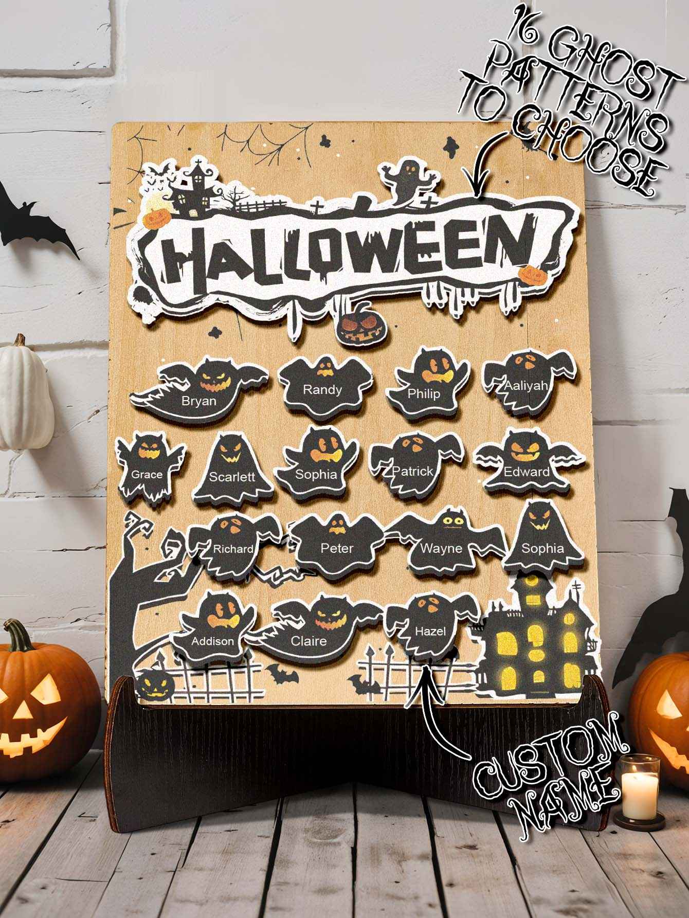 Personalized Hallowmas Wooden Ornament with Name Ghost Plaque for Halloween Gift