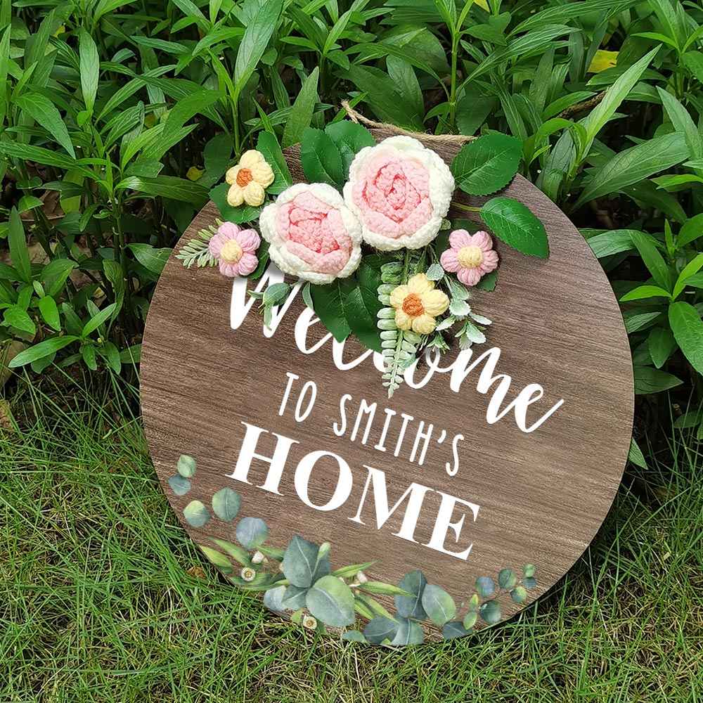 Welcome Door Sign Crocheted Flower Custom Text Front Door Decorations Unique Gifts