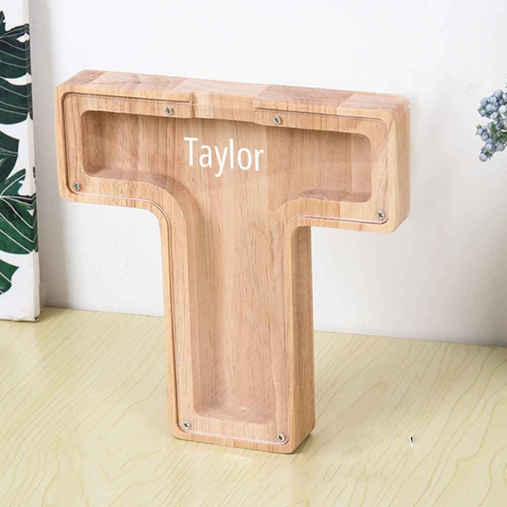 Custom Name Letter Piggy Bank Wooden Engraved Money Box Kids Christmas Gifts