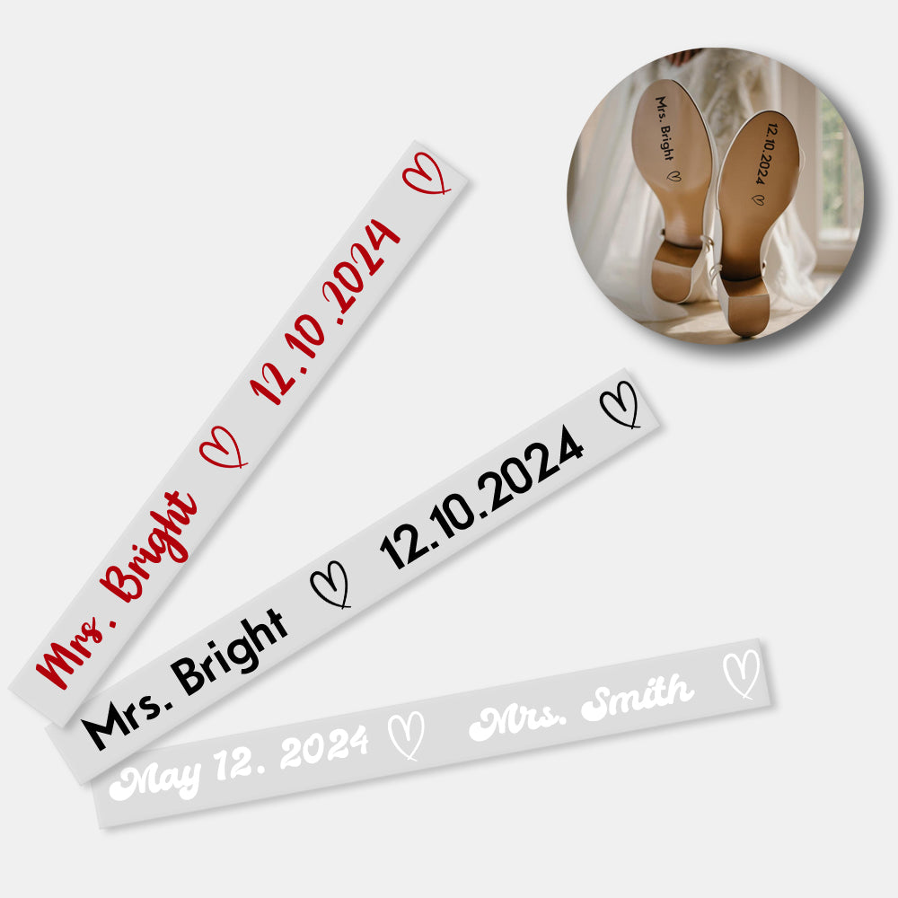 Personalised Heart Wedding Shoe Stickers - Custom Name & Date Transparent Sole Decals