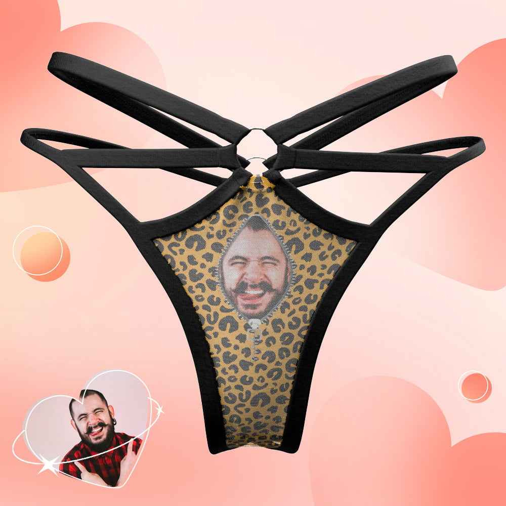 Custom Face Thong Leopard Zipper Face Funny Sexy Thongs Personalized Female Boxer Gift for Her
