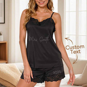 Personalized Lace Lingerie Camisole Pajamas Outfit with Text and Date Honeymoon Wedding for Bride