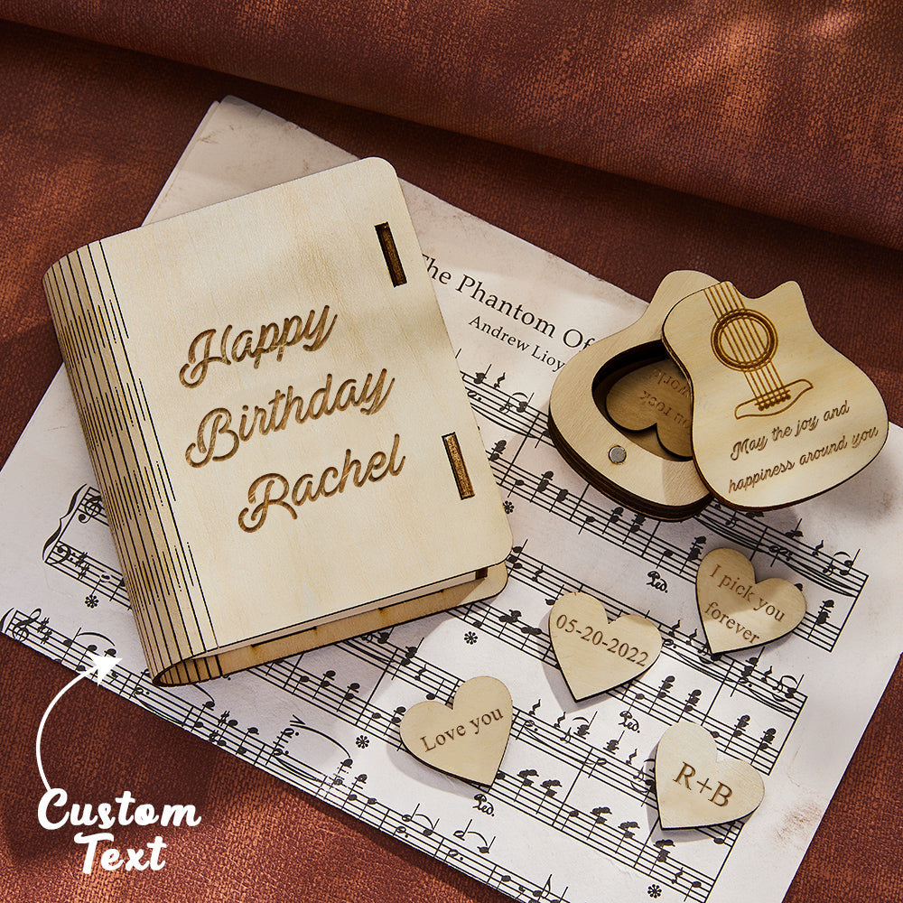Personalised Heart Guitar Picks in Guitar-Shaped Wooden Box - Valentine's Gift